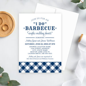 I Do BBQ Navy Blue Gingham Wedding Couples Shower Invitation