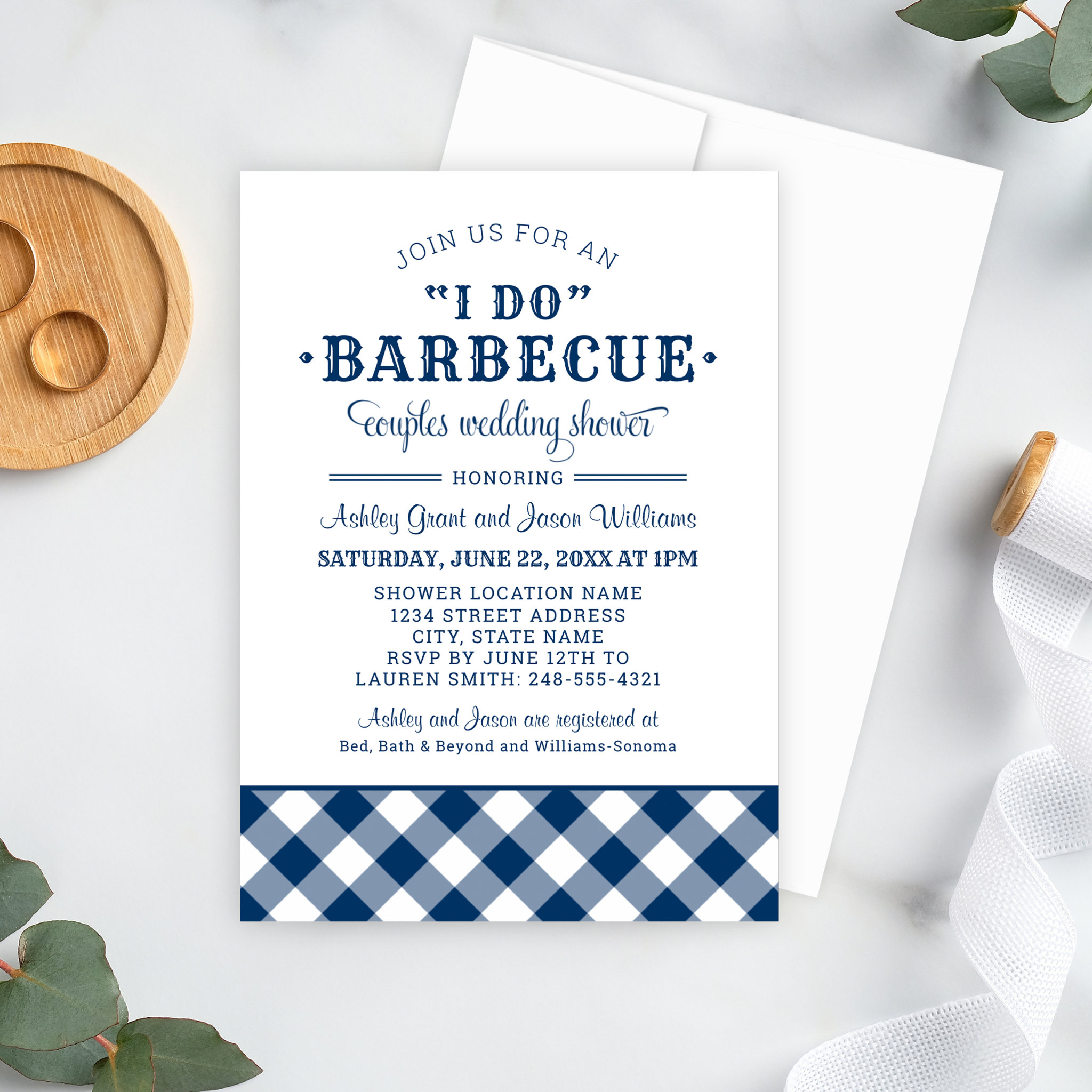 I Do BBQ Navy Blue Gingham Wedding Couples Shower Invitation