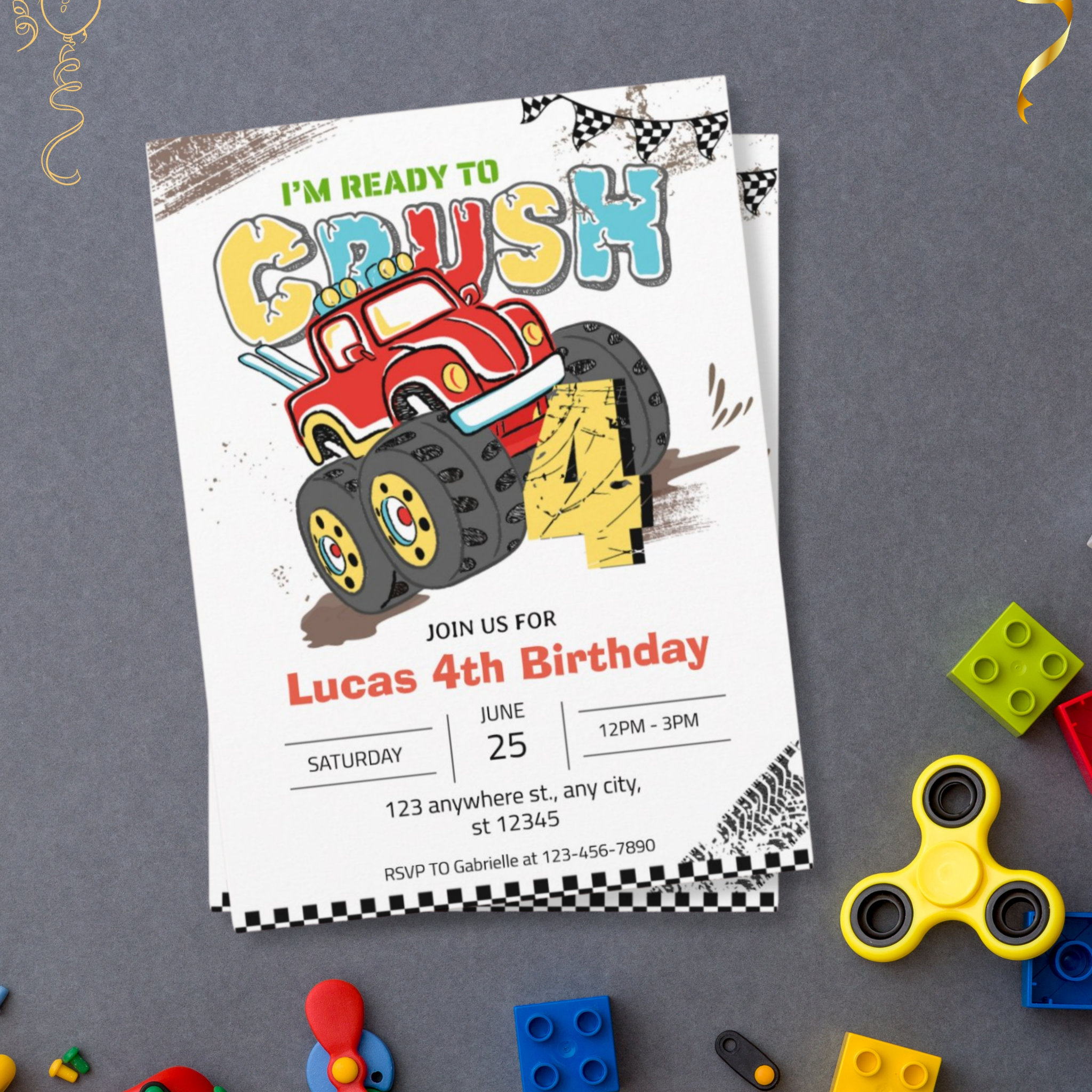 I'm Ready to Crush Monster Truck 4th birthday Boy  Invitation