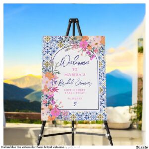 Italian blue tile watercolor floral bridal welcome foam board