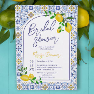 Italian blue tiles watercolor lemon bridal shower invitation