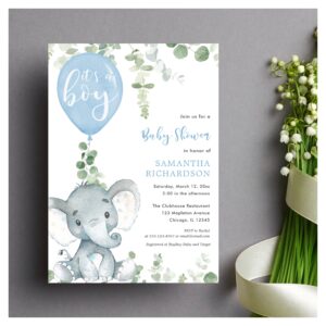 It's a boy blue balloon cute elephant baby shower invitation
