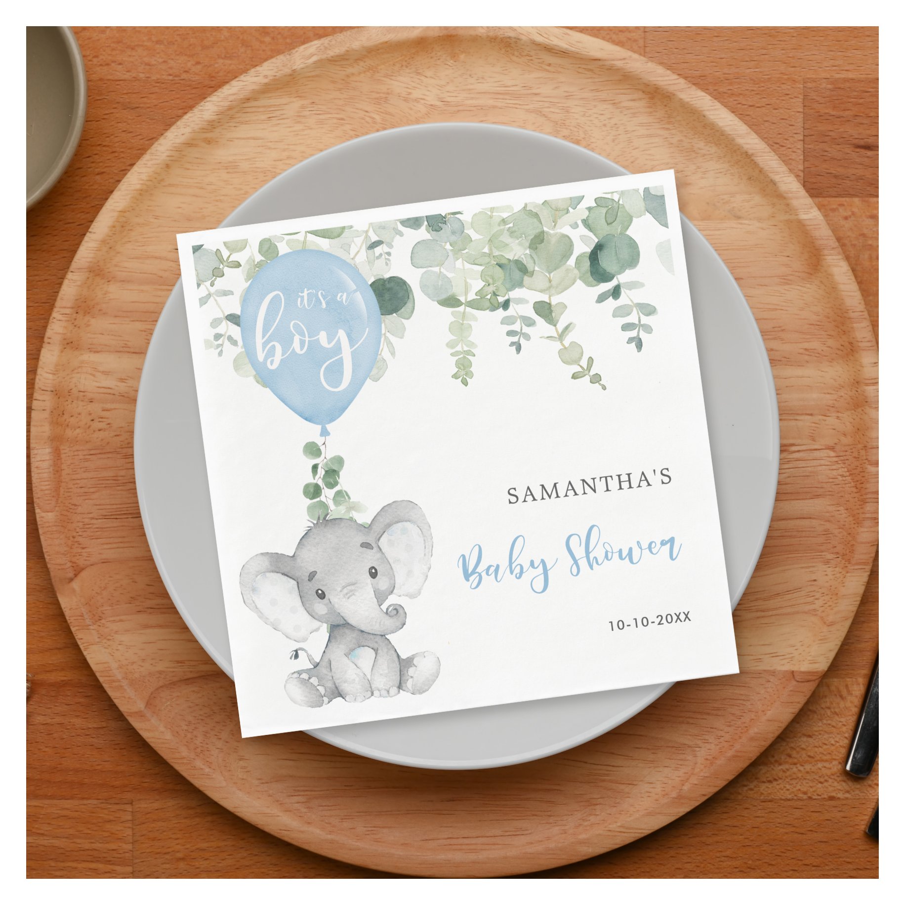 It's a boy elephant balloons baby shower greenery napkins