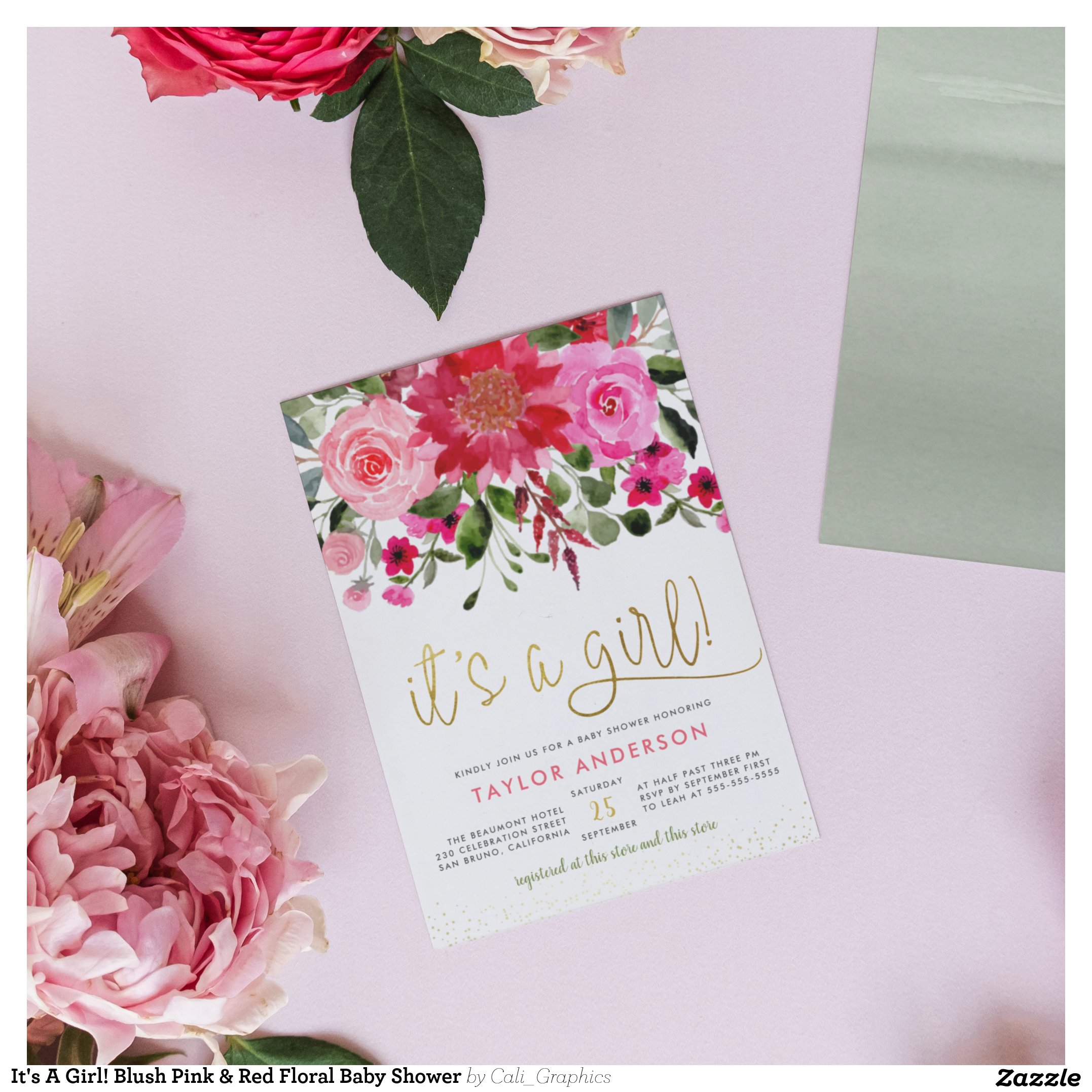It's A Girl! Blush Pink & Red Floral Baby Shower Invitation