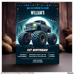 Join Kids Boy Cars Cool Monster Truck 1st Birthday Invitation