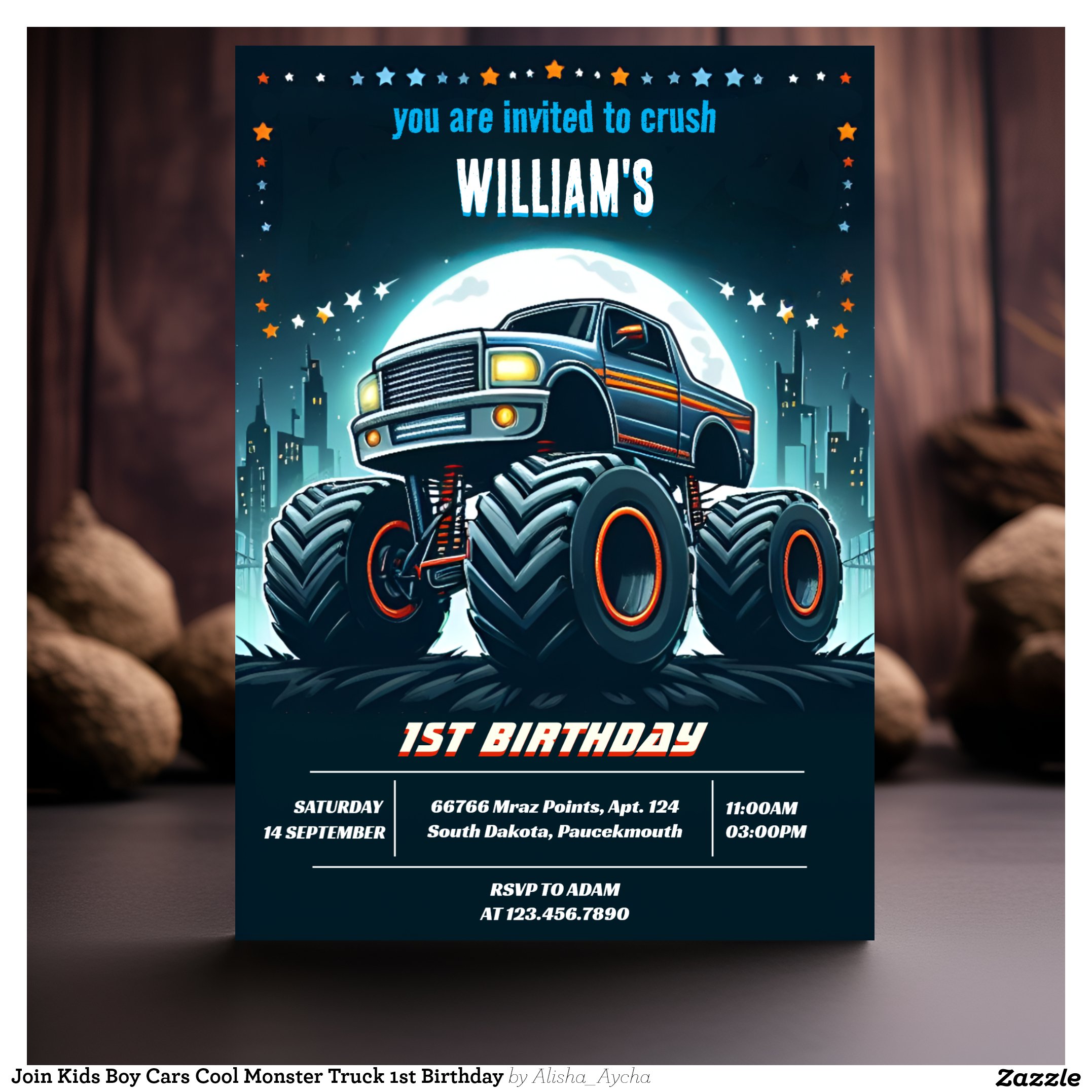 Join Kids Boy Cars Cool Monster Truck 1st Birthday Invitation