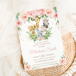 Jungle Animal Safari Pink Blush Floral Baby Shower Invitation