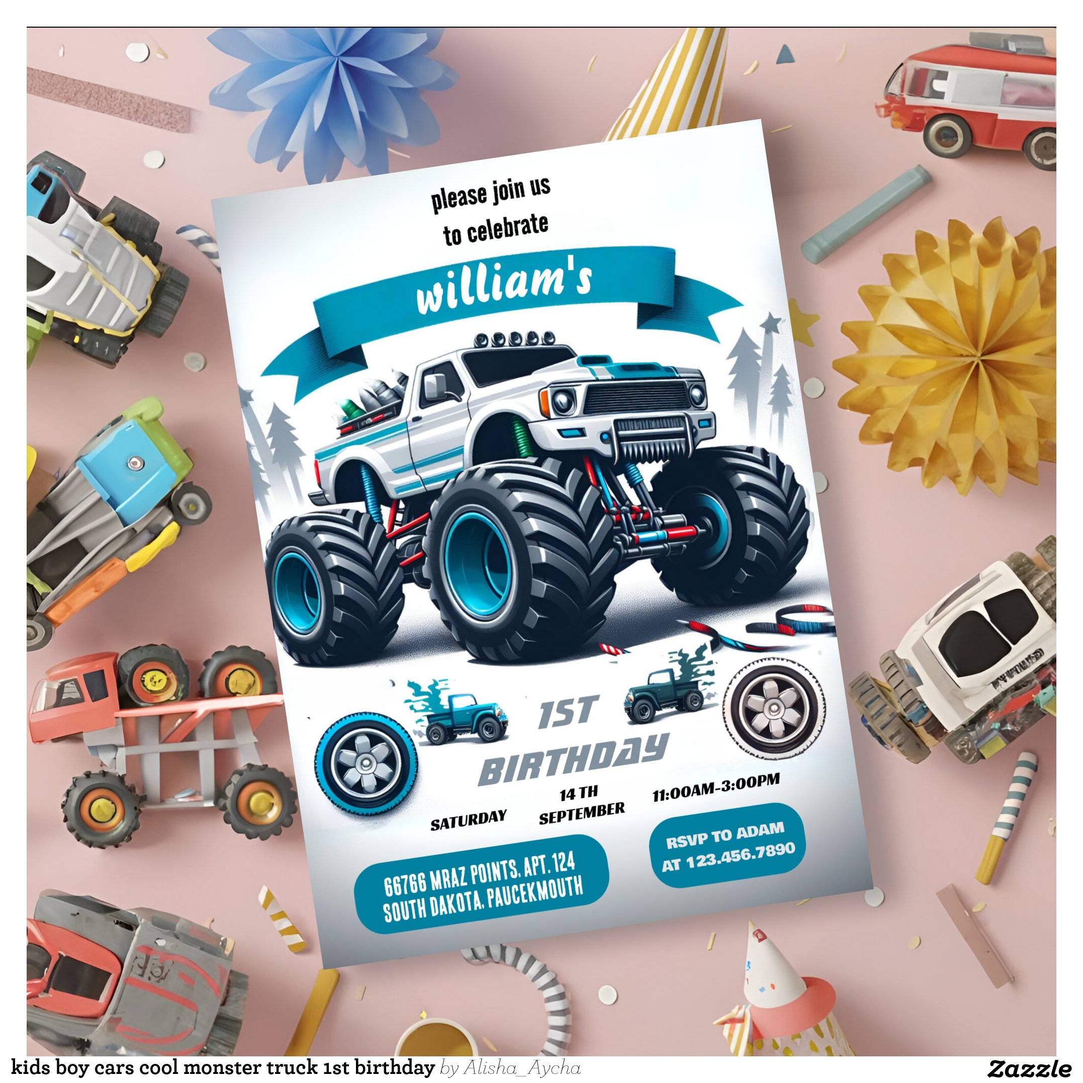 kids boy cars cool monster truck 1st birthday invitation