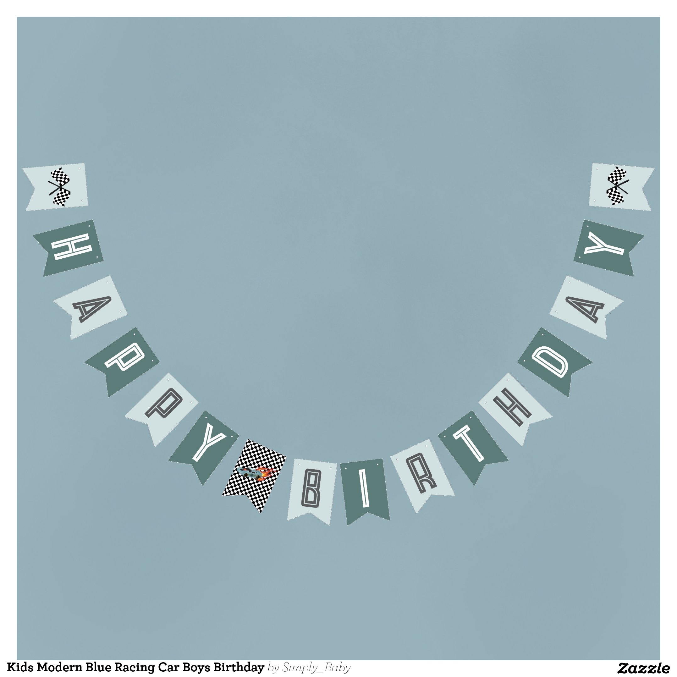 Kids Modern Blue Racing Car Boys Birthday Bunting Flags