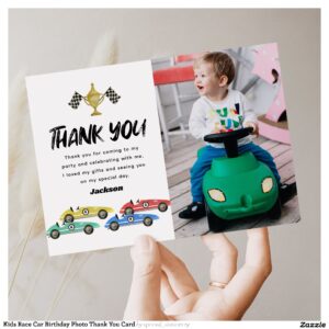 Kids Race Car Birthday Photo Thank You Card