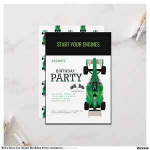 Kid's Race Car Green Birthday Party Invitation