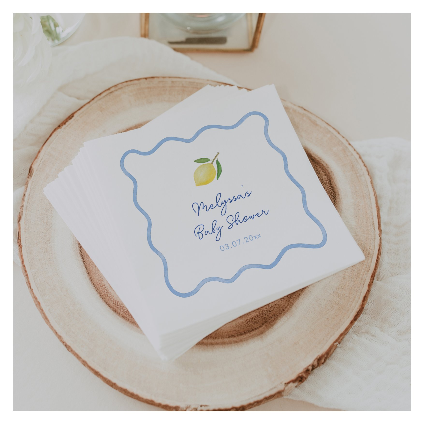 Light Blue Wavy Border Lemons Sweet Baby Shower Napkins