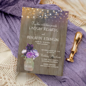 Lilac Plum Purple Floral Mason Jar Rustic Wedding Invitation