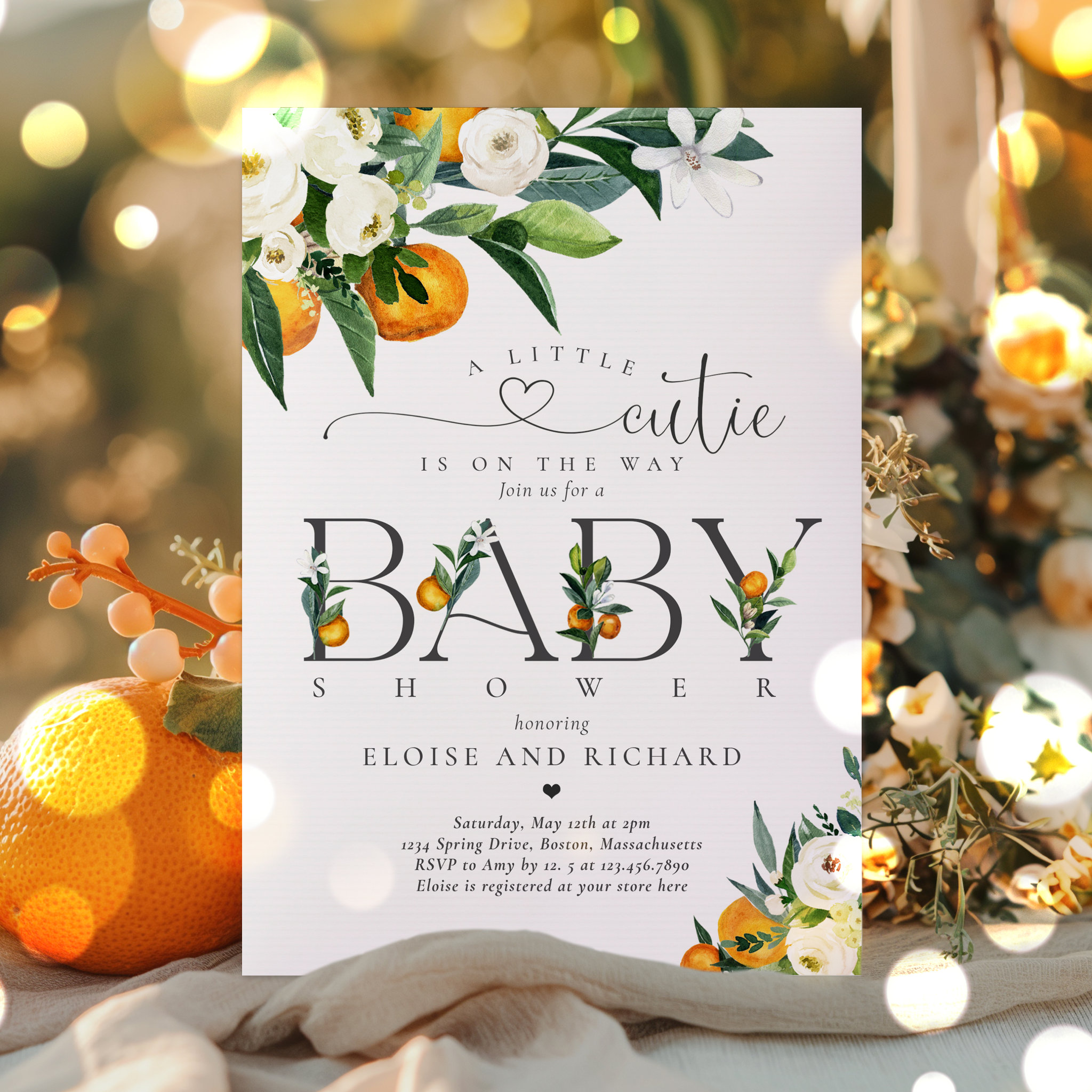 Little Cutie Citrus Botanical Orange Baby Shower Invitation