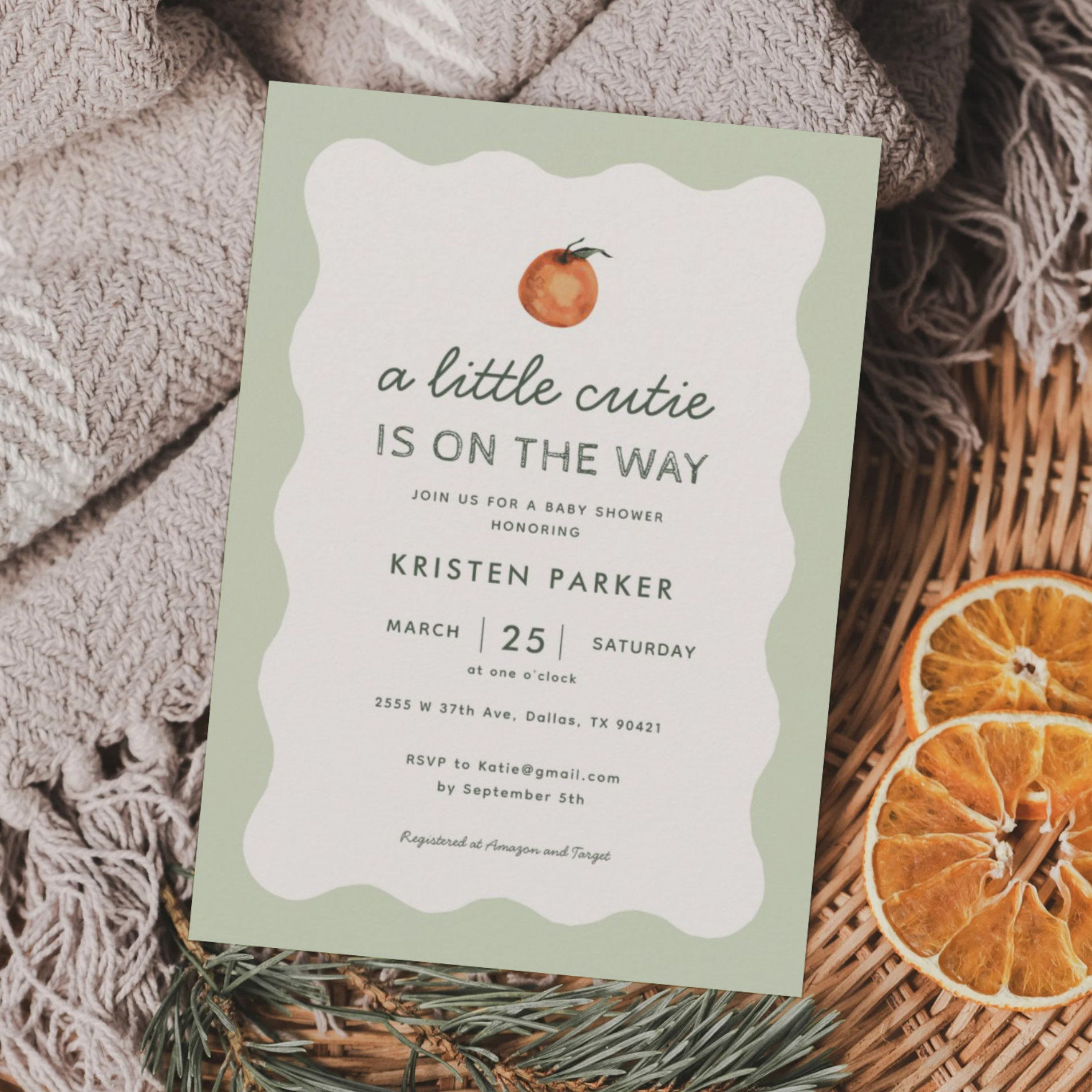 Little Cutie is on the Way Tangerine Baby Shower I Invitation