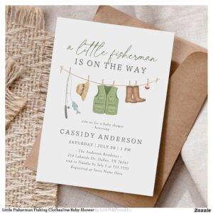 Little Fisherman Fishing Clothesline Baby Shower Invitation