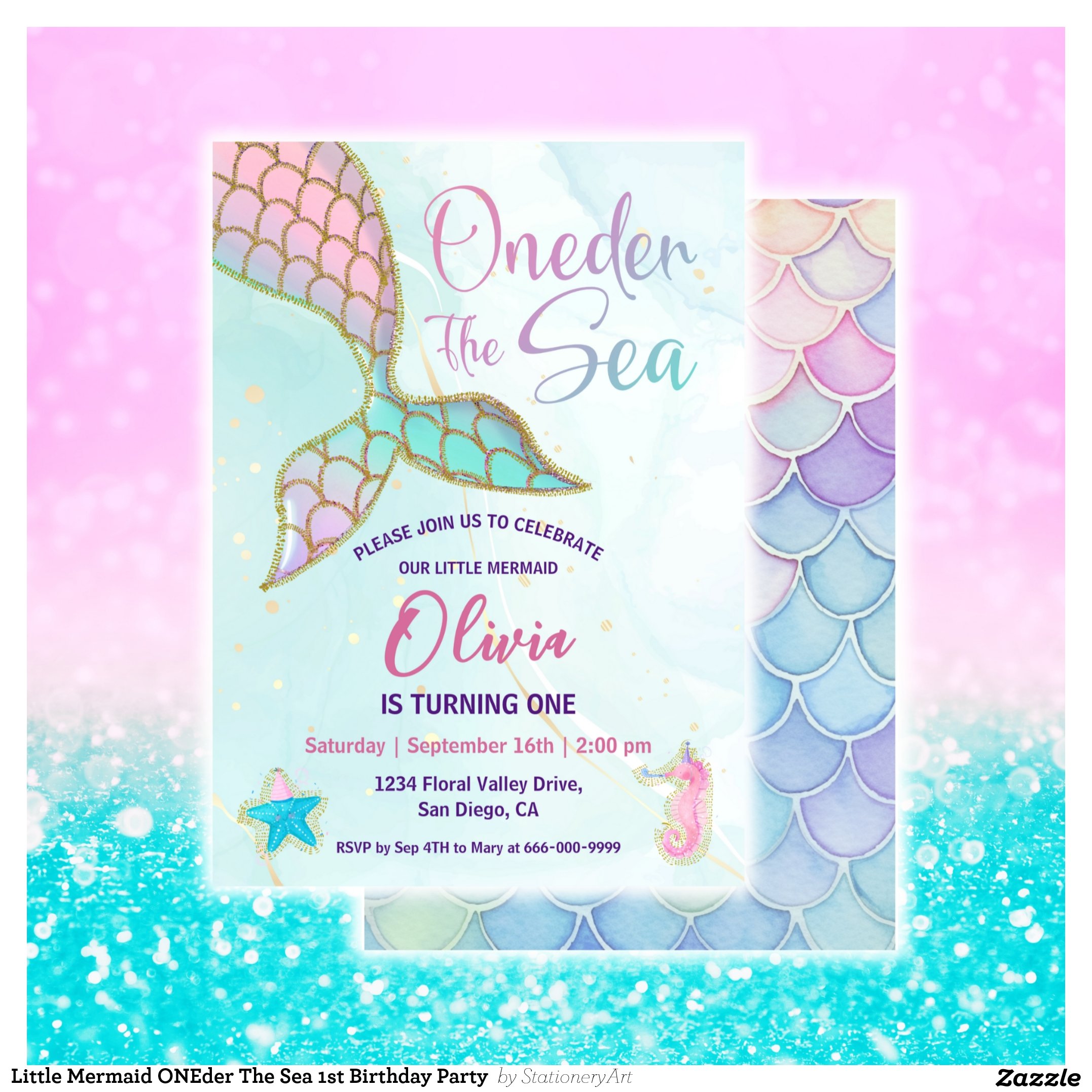 Little Mermaid ONEder The Sea 1st Birthday Party  Invitation