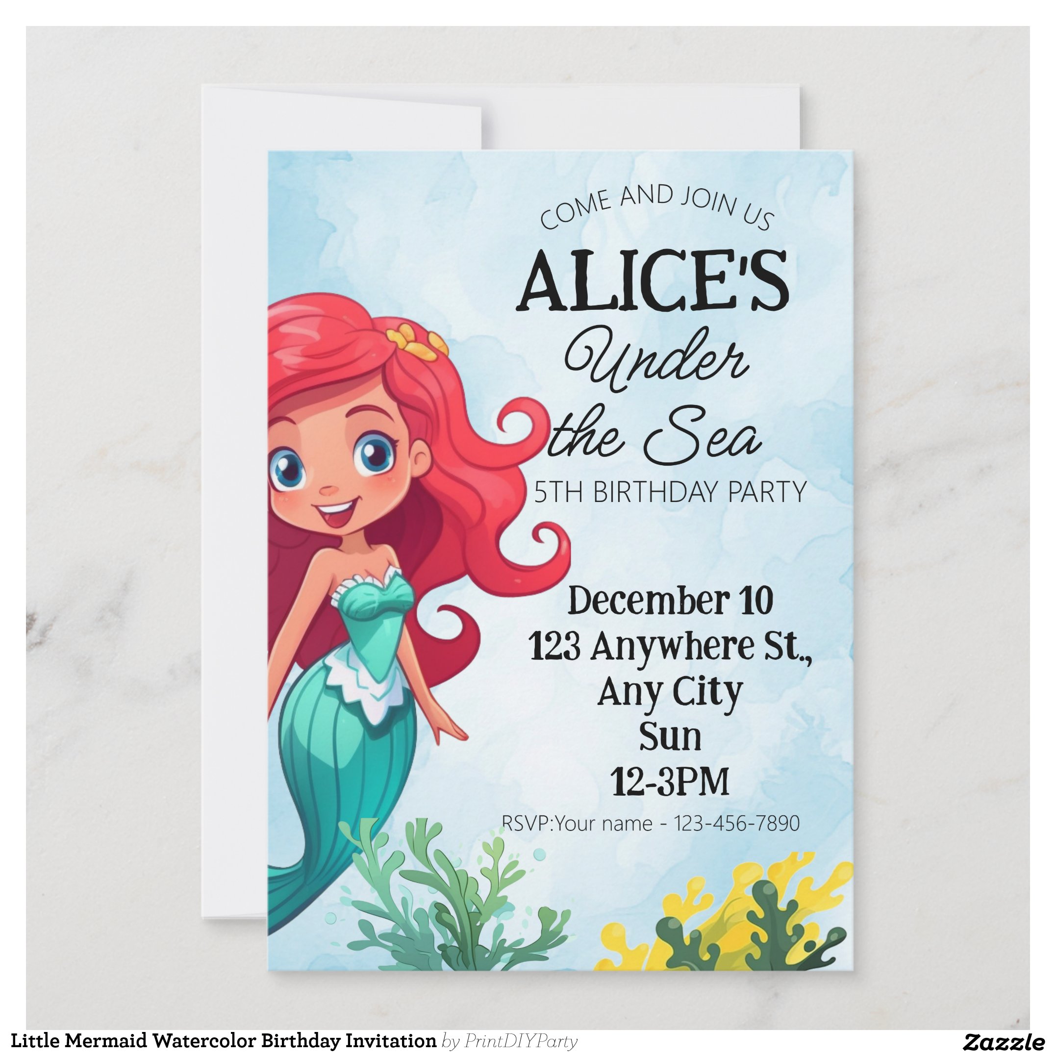 Little Mermaid Watercolor Birthday Invitation