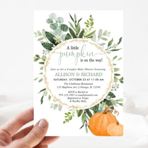 Little pumpkin fall couples greenery baby shower invitation