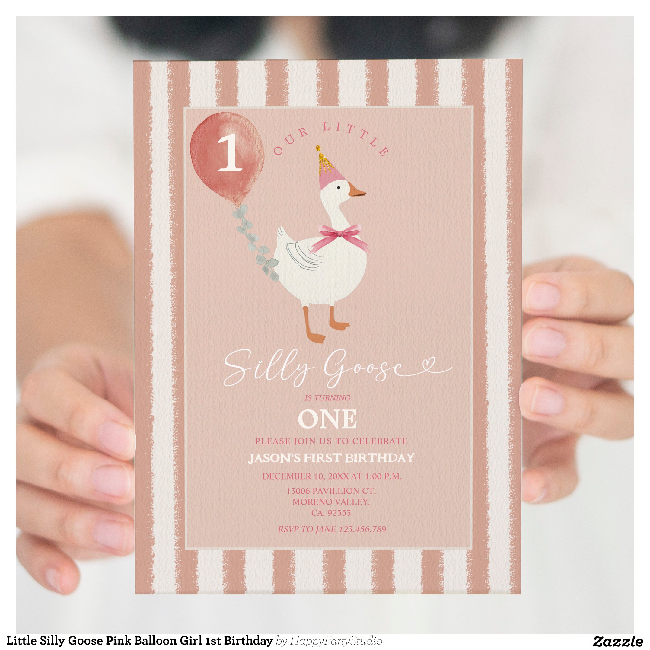 Little Silly Goose Pink Balloon Girl 1st Birthday Invitation