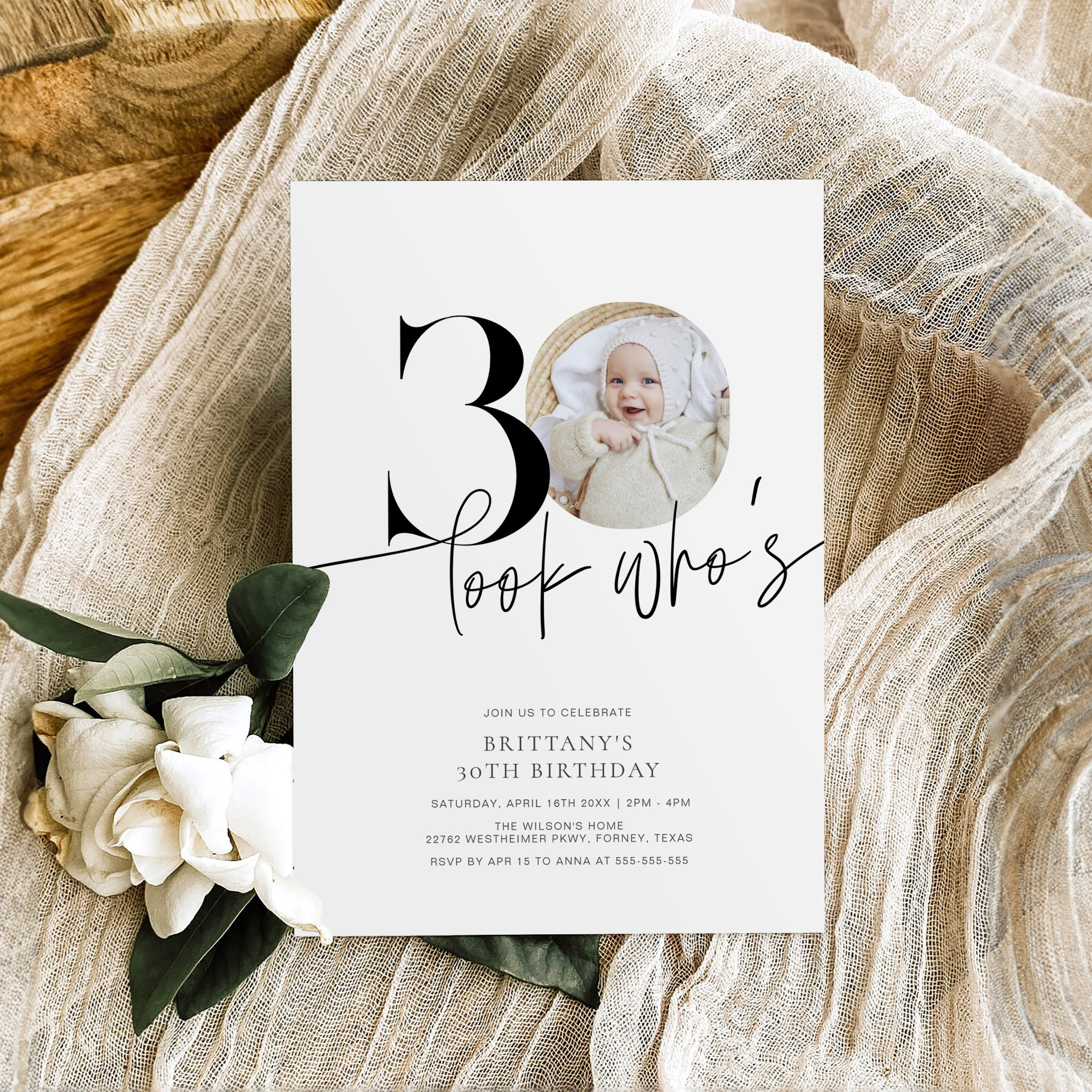 Look Who's 30 Modern Simple Photo 30th Birthday Invitation