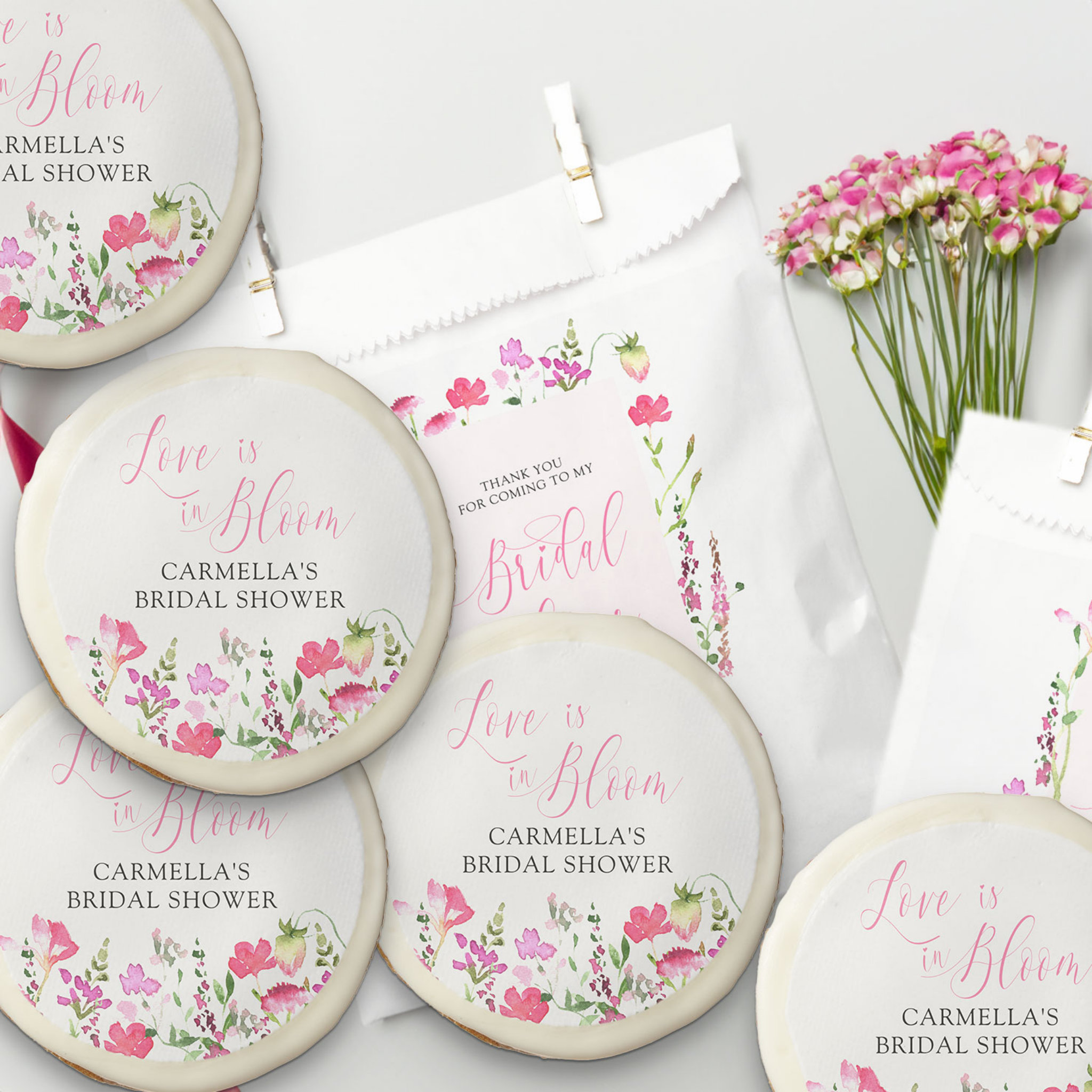 Love is in Bloom Pink Wildflower Bridal Shower Sugar Cookie