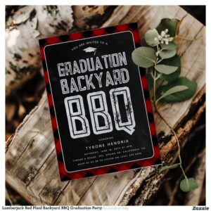 Lumberjack Red Plaid Backyard BBQ Graduation Party Invitation