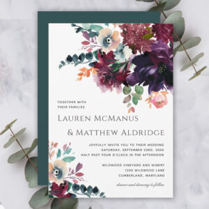 Luxurious Teal and Wine Floral Wedding Invitation