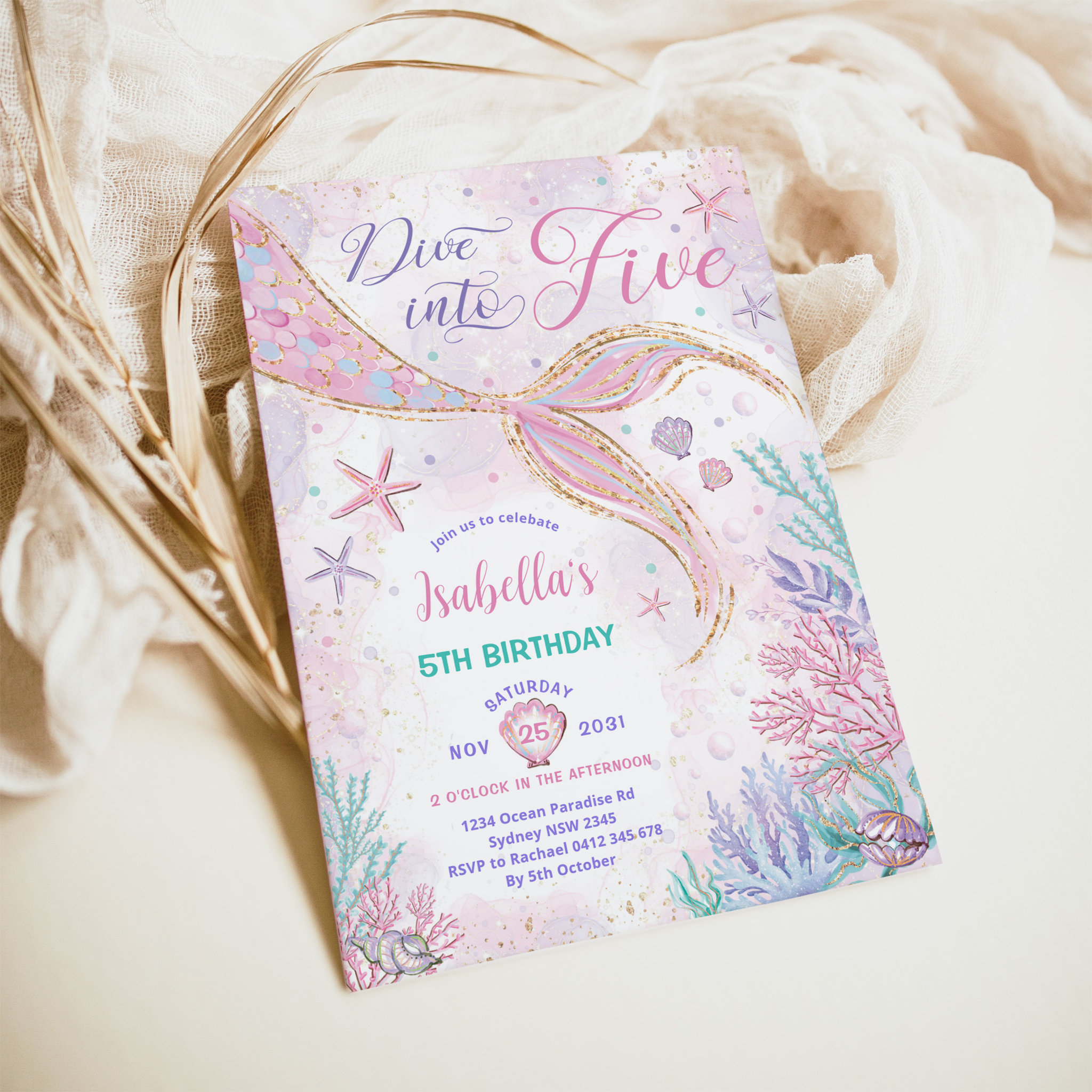 Magical Dive into Five Mermaid 5th Birthday Party Invitation