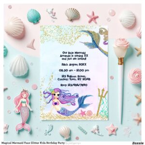 Magical Mermaid Faux Glitter Kids Birthday Party Invitation