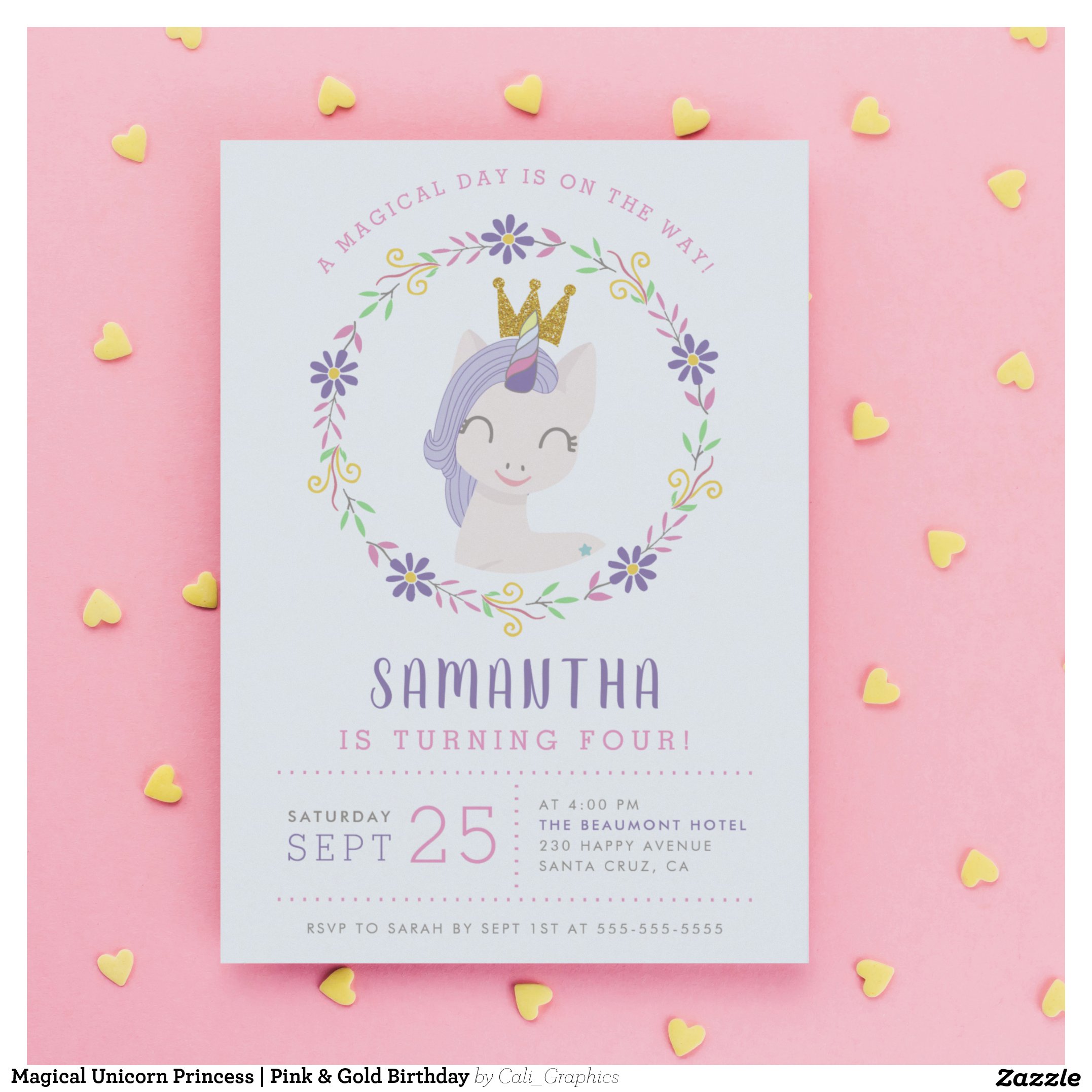 Magical Unicorn Princess   Pink & Gold Birthday Invitation