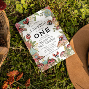 Magical Watercolor Cute Ladybug Girls 1st Birthday Invitation