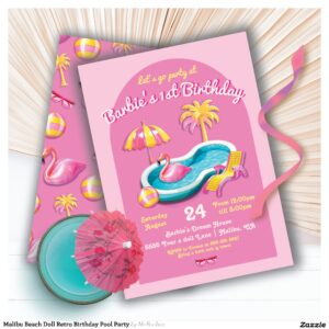 Malibu Beach Doll Retro Birthday Pool Party Invitation