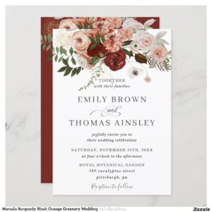 Marsala Burgundy Blush Orange Greenery Wedding  Invitation
