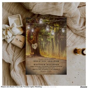 Mason Jars Rustic Tree Lake Twinkle Lights Wedding Invitation