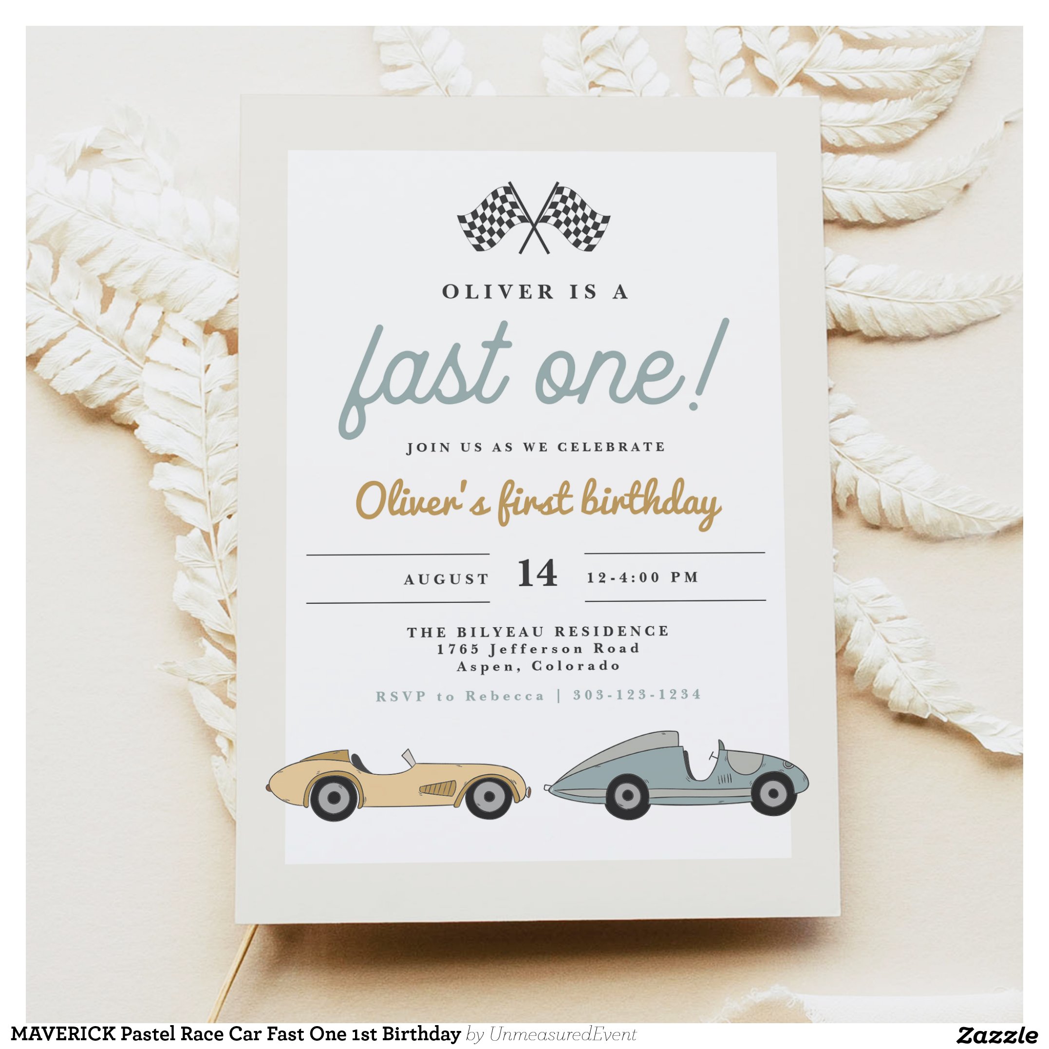 MAVERICK Pastel Race Car Fast One 1st Birthday Invitation