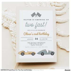 MAVERICK Pastel Race Car Two Fast 2nd Birthday Invitation