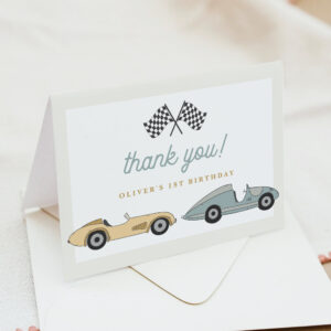 MAVERICK Retro Vintage Yellow Sage Pastel Race Car Thank You Card
