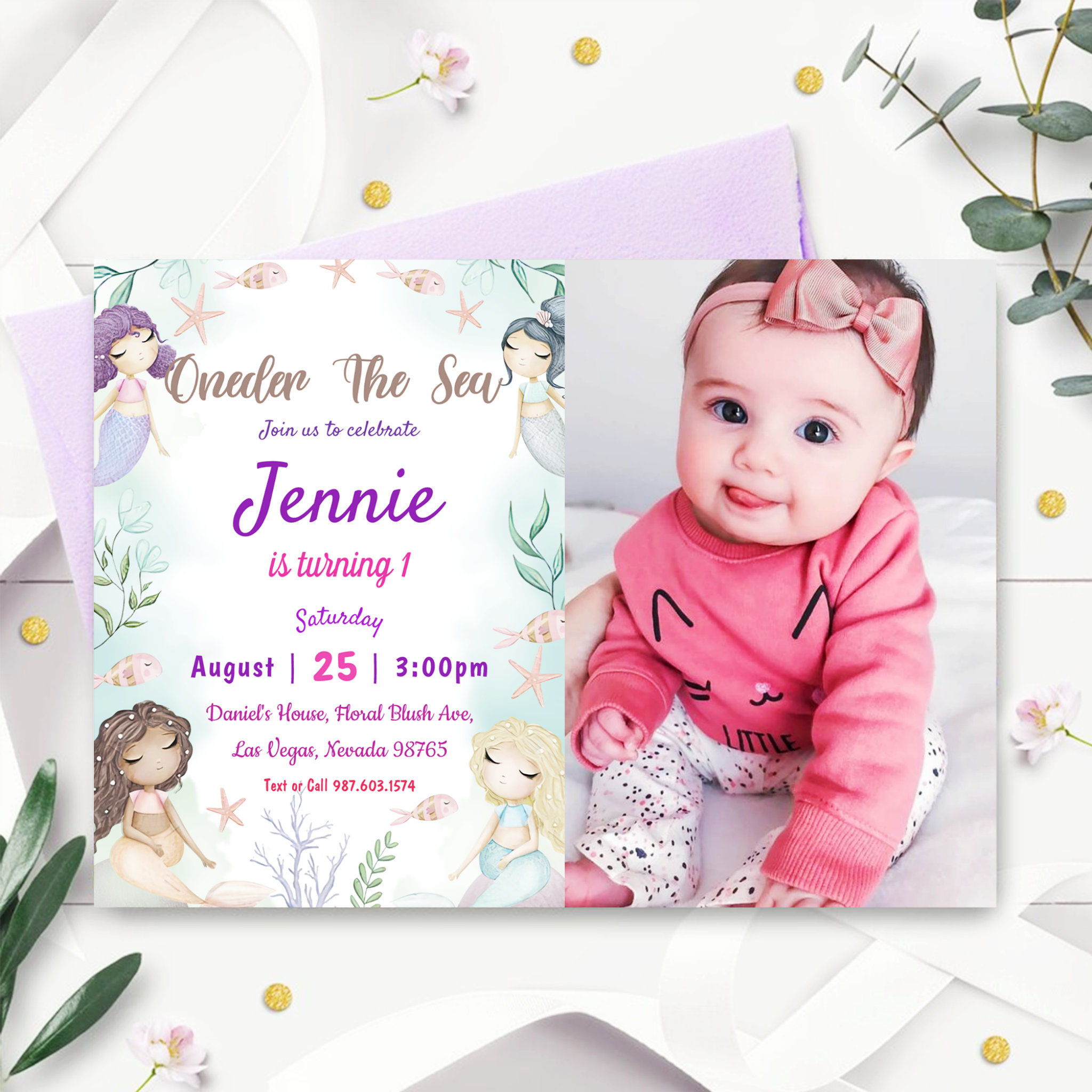 Mermaid 1st Birthday ONEder The Sea Party Invitati Invitation