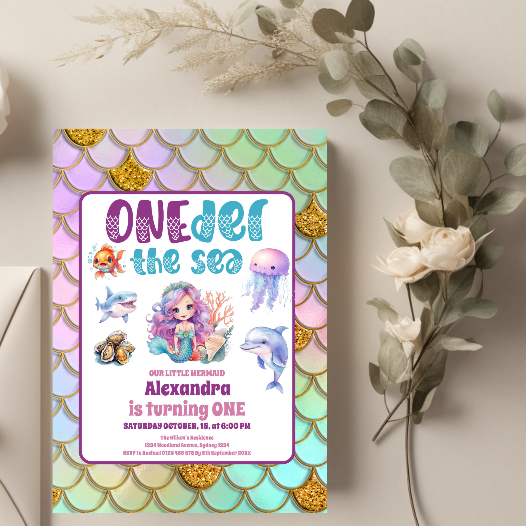 Mermaid 1st Birthday Party ONEder The Sea Mermaid Invitation