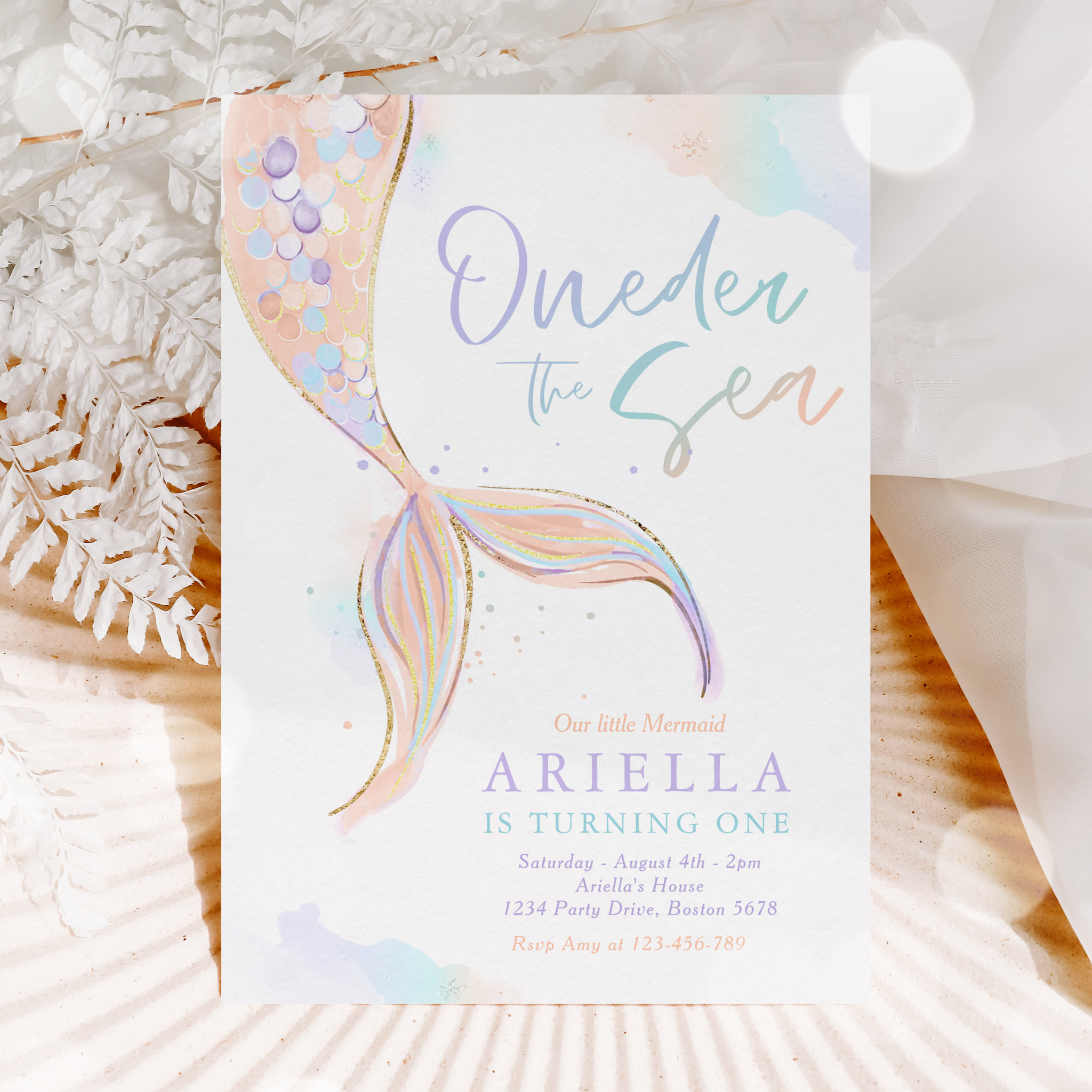 Mermaid 1st Birthday Party ONEder The Sea Mermaid  Invitation