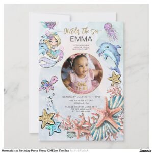 Mermaid 1st Birthday Party Photo ONEder The Sea  Invitation