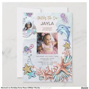 Mermaid 1st Birthday Party Photo ONEder The Sea  Invitation