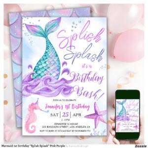 Mermaid 1st birthday "Splish Splash" Pink Purple Invitation