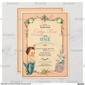 Mermaid 1st first birthday invitaion pink invitation
