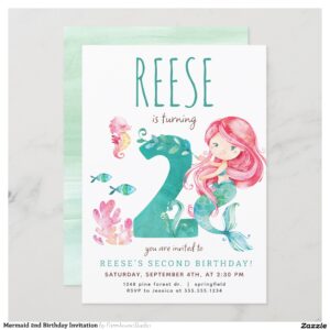 Mermaid 2nd Birthday Invitation