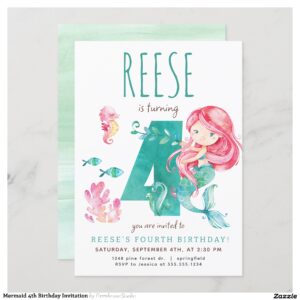 Mermaid 4th Birthday Invitation