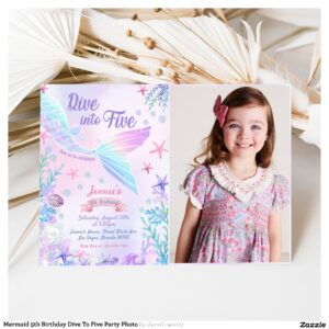 Mermaid 5th Birthday Dive To Five Party Photo Invitation