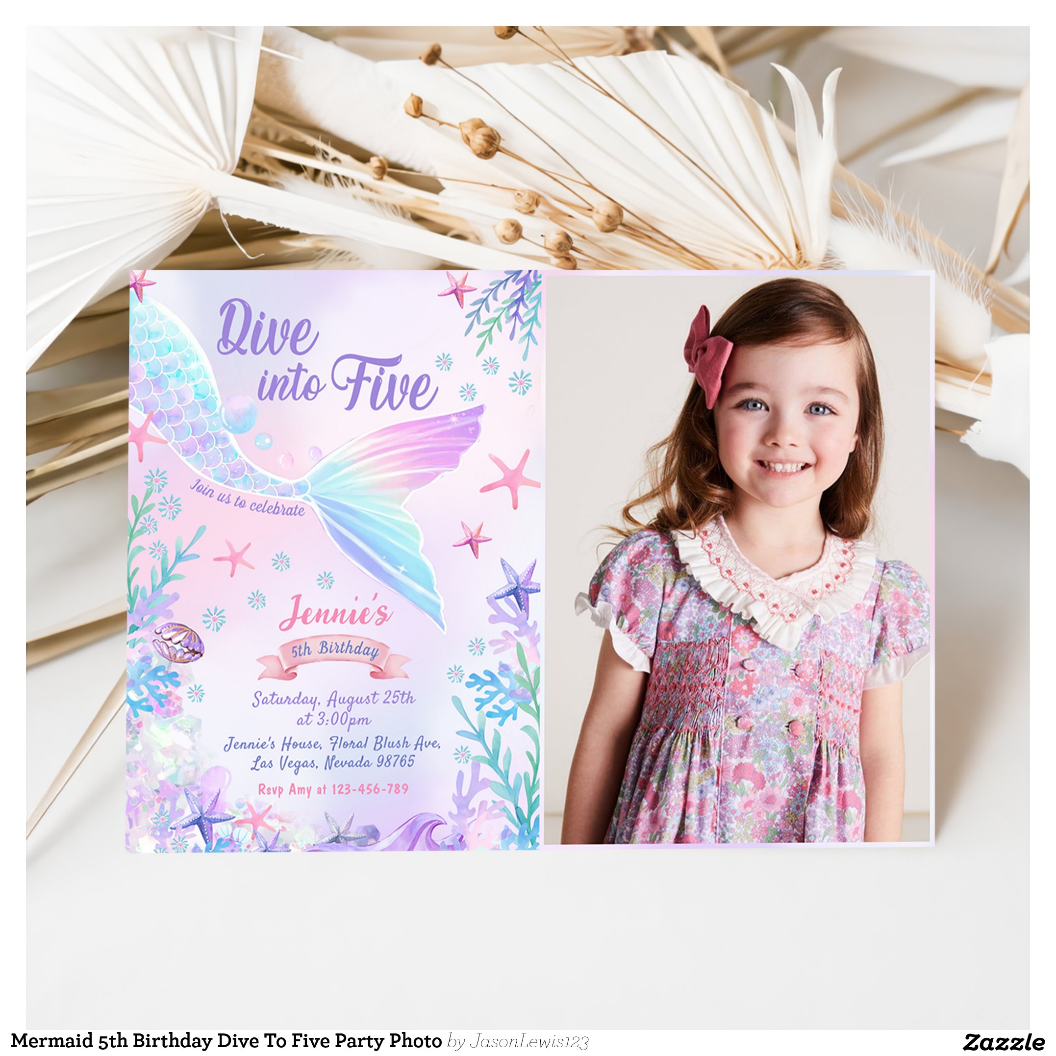 Mermaid 5th Birthday Dive To Five Party Photo Invitation