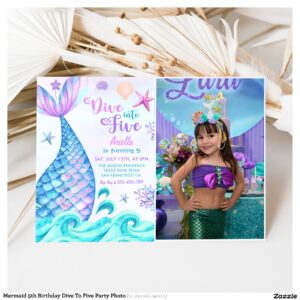 Mermaid 5th Birthday Dive To Five Party Photo Invitation